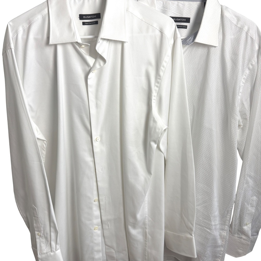Lot of 2 Bugatchi Mens White Diamond Textured Stretch Cotton Dress Shirt